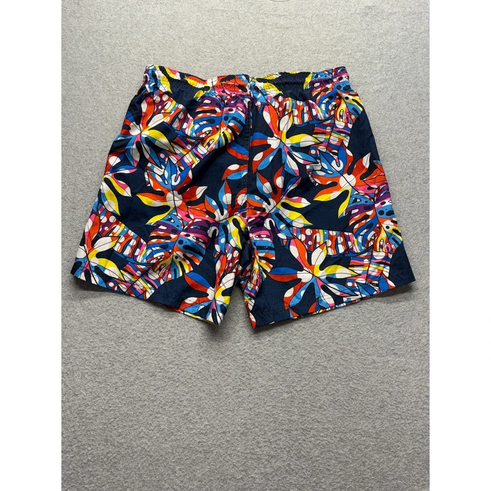 Broken Threads Mens Tropical Leaf Print Swim Trunks Navy Multicolor Size M